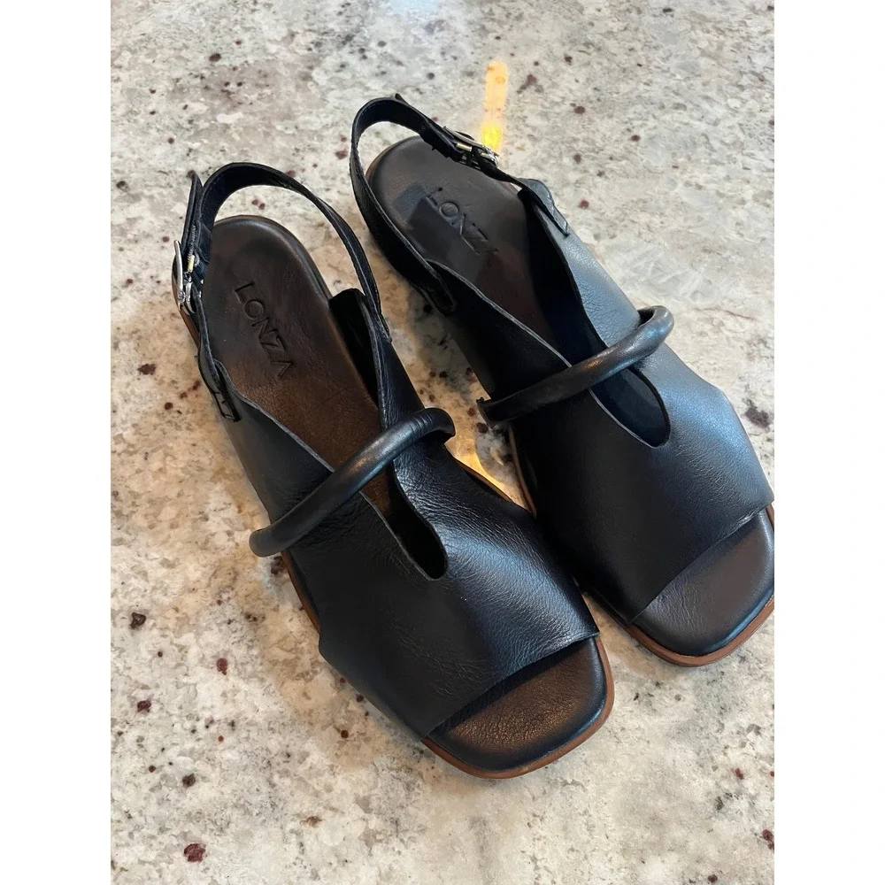 Lonza Bergen Black Leather Square Toe Slingback Sandals Women Size 39 EU
